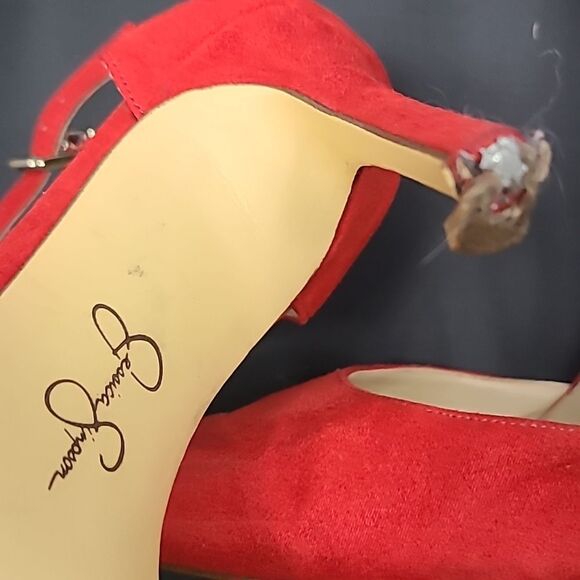 Jessica Simpson Postrie Pump Red Suede Stiletto Heels Ankle Strap Pointed Toe - Picture 3 of 9